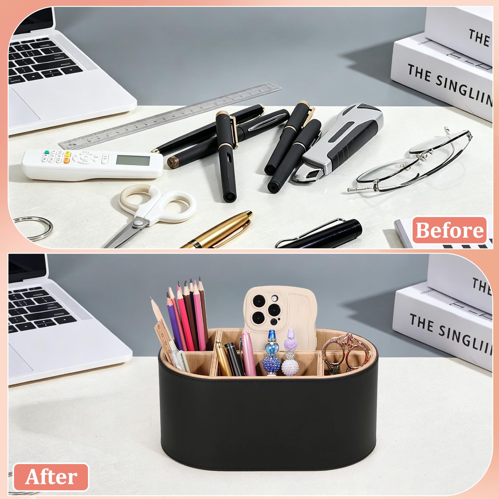 Organizer da scrivania ovale in pelle PU, con scomparti multipli, organizer per accessori, per telecomandi, penne, pennelli da trucco, ufficio, casa, scuola (nero)