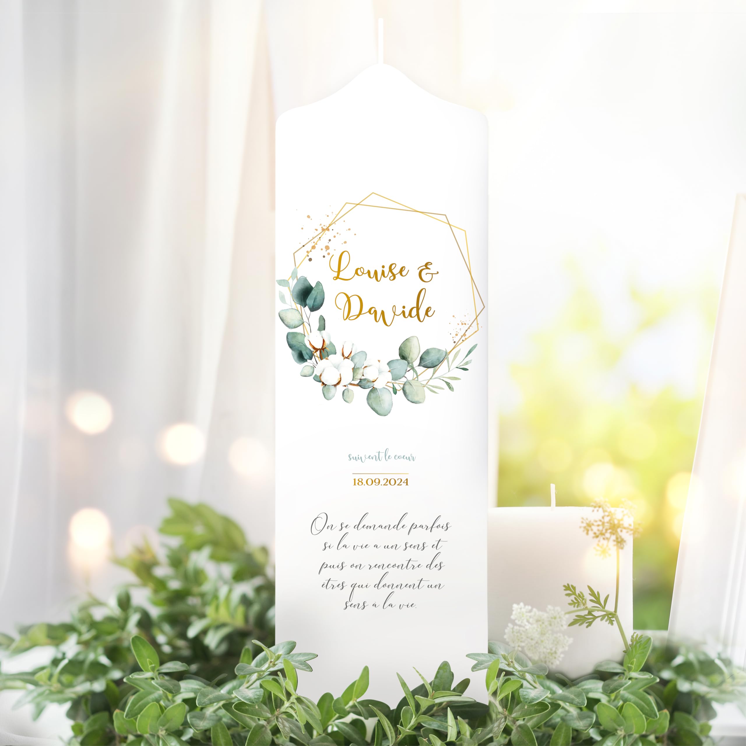 Bougie Mariage personnalisée motif Eucalyptus – Cierge avec prénoms et date – Bougie imprimée + 2 bougies invité – Cadeau de mariage – 25 x 7 cm