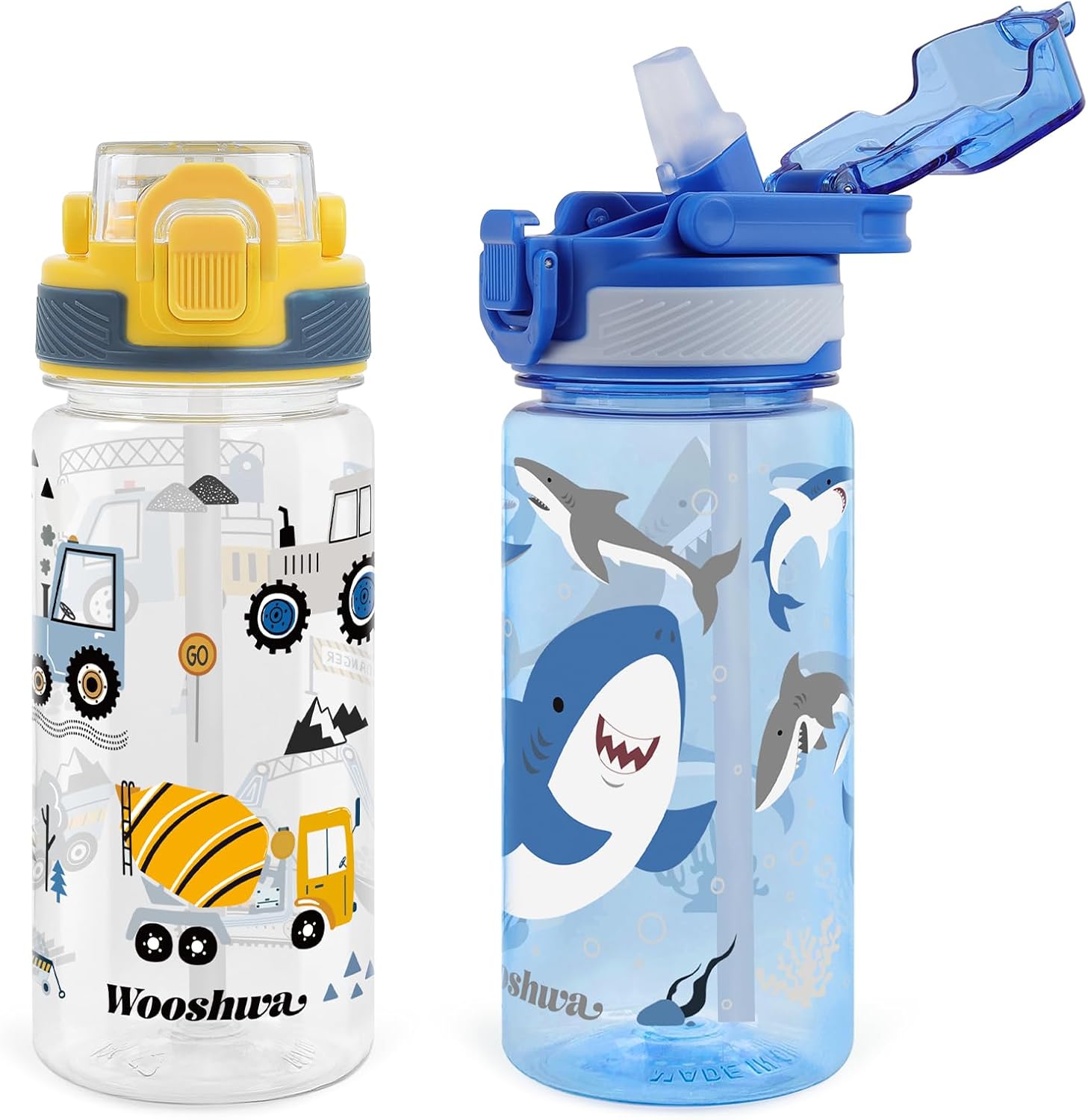 Kids Water Bottle for School, 16 Oz Plastic Water Bottle with Silicone Spout and Pop-Up Cover, BPA Free & Dishwasher Safe (Excavator/Shark)