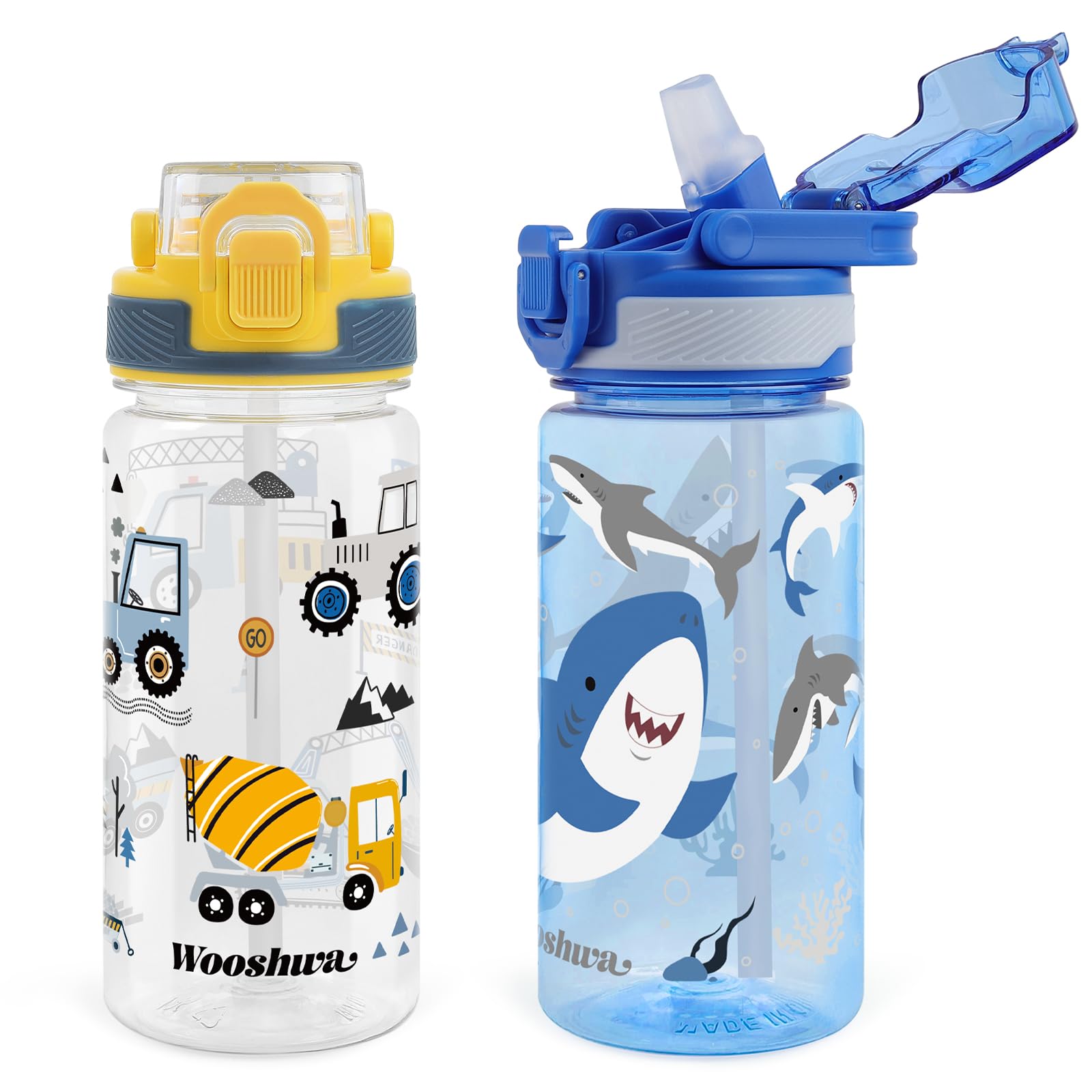 wooshwa Kids Water Bottle for School, 16 Oz Plastic Water Bottle with Silicone Spout and Pop-Up Cover, BPA Free & Dishwasher Safe (Excavator/Shark) โ image 1
