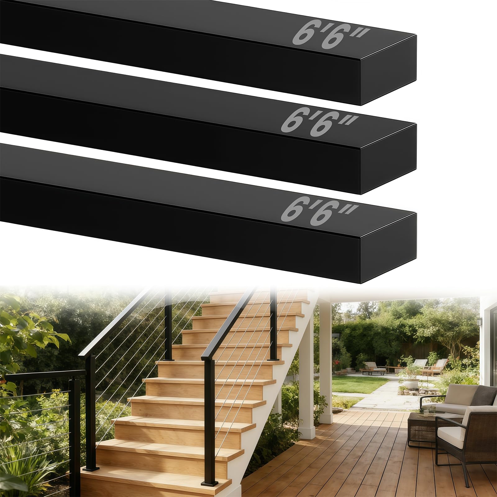 6'6" Stainless Steel T304 Black Handrail, 3 Pack Banister Railing with 12 Nylon End Cap, Cuttable Rectangular Handrail Flat Top Rail for Indoor