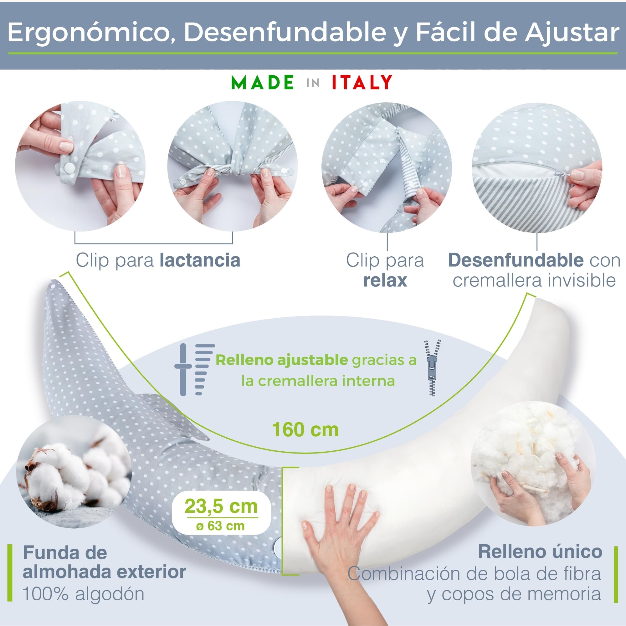 Dilamababy Almohada Embarazada y Cojín Lactancia Bebé Multifuncional | Copos viscoelásticos y microfibras, algodón lavable, dormir de lado, premama, maternidad, regalo original, Made in Italy