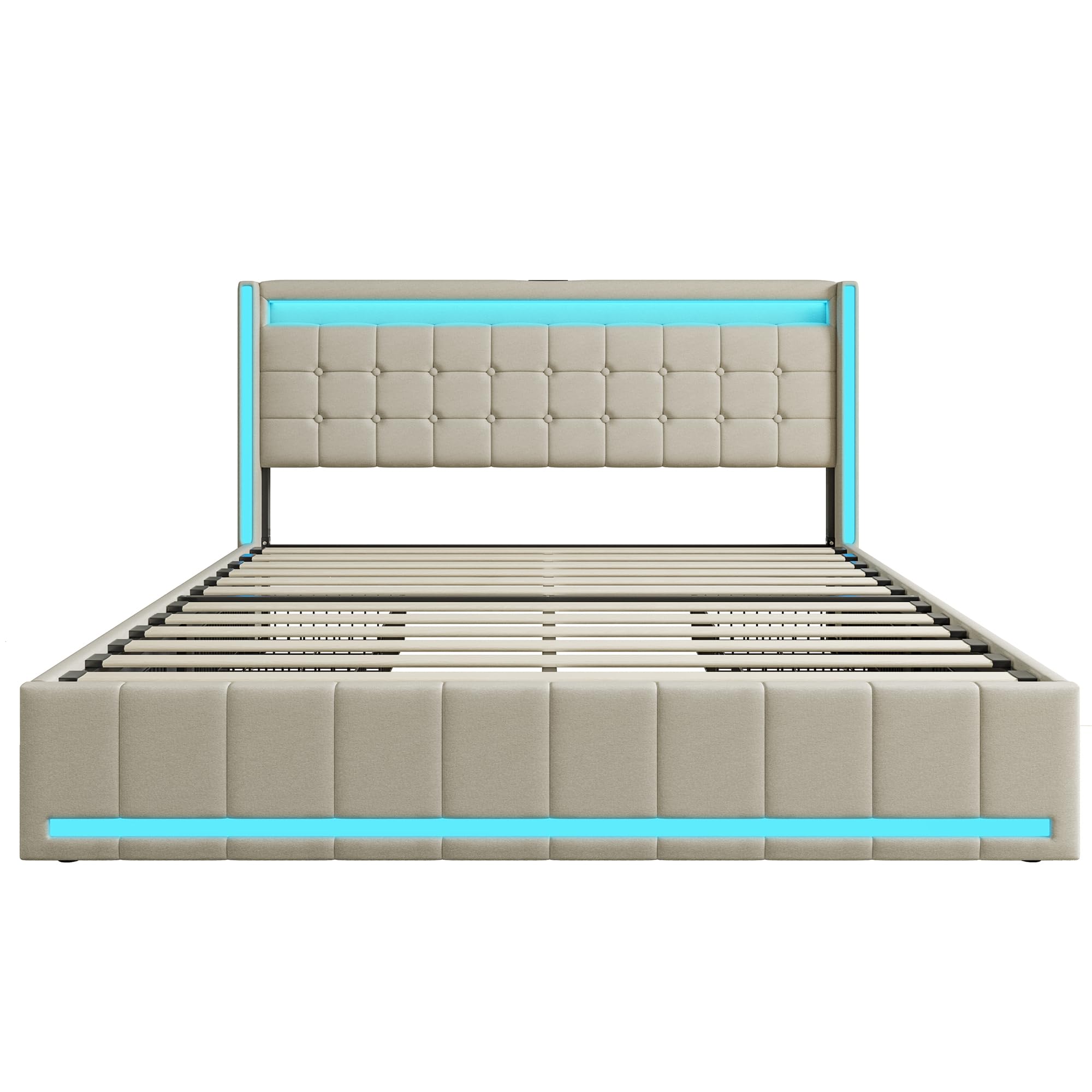 Lit Double 140x200cm avec LED et USB, Lit Rembourré avec 4 Tiroirs de Rangement, Cadre de Lit Moderne 2 Places pour Chambre Adulte et Adolescent,Beige Lin