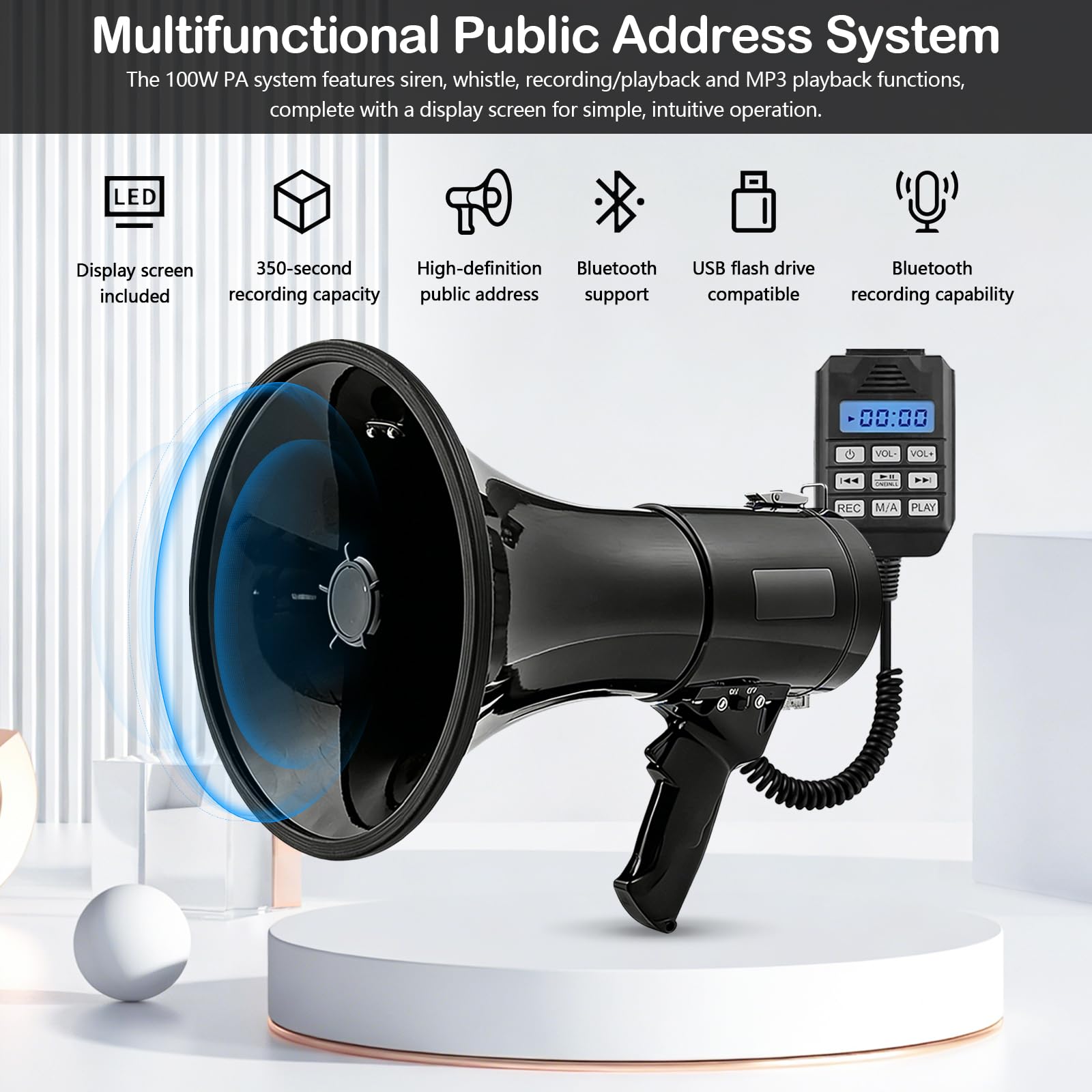 Megafono con Sirena e Microfono, Funzione di Registrazione e Bluetooth, Potenza Massima 100 W con Una Portata di 2000 m, MP3, USB, SD, AUX, megafono con Tracolla.