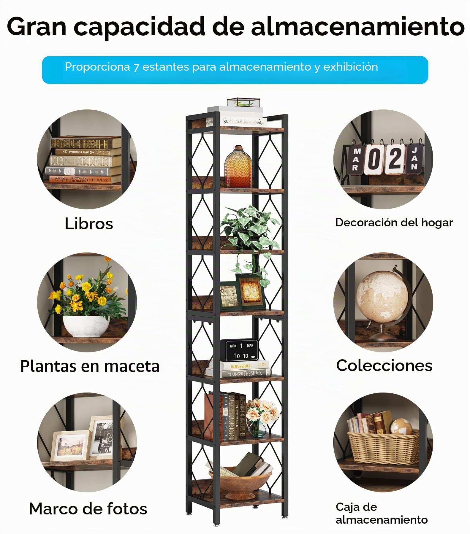Tribesigns Librería de 7 Niveles, 200 cm Estantería Alta, Estantería Almacenaje de Madera y Metal para Espacios pequeños, Biblioteca, Estantería para Oficina, Estudio, Sala de Estar (2pcs) (1)