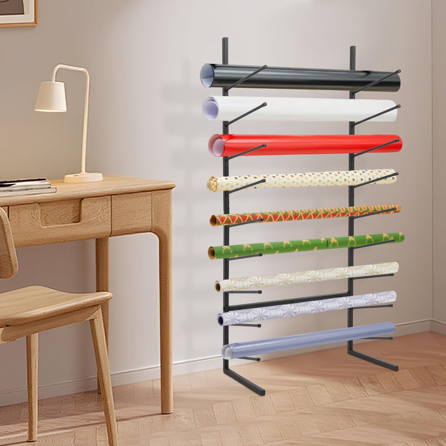 Wall Mount Blueprint Storage Rack, 9-Tier Steel Blueprint Holder, Vinyl Roll Storage Display for Construction Plan Posters Art Prints, Ribbon Storage Organizer for Home Office, 21X11X44 in (Black)