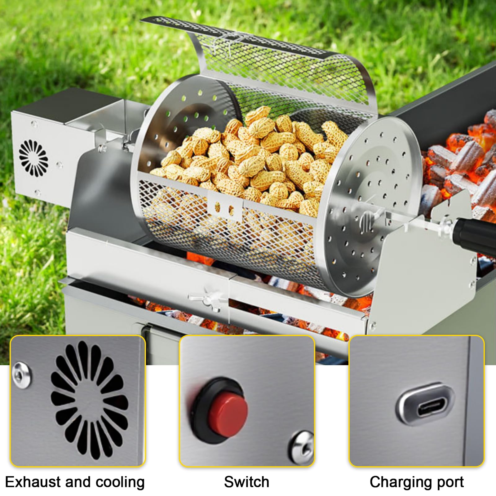 Nikou Cestino per Barbecue Girevole Grill, Girarrosto in Acciaio Inox, Rotisserie Automatico Rotante Grill Basket BBQ Kebab Macchina per Verdure, Arachidi, Noci