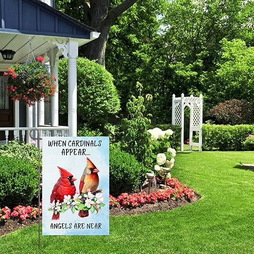 Miniatura 8 de Bandera de jardín cardenal When Cardinals Appear Angels Are Near Memorial Yard Flag 12x18 pulgadas de doble cara floral de pájaros rojos bandera de