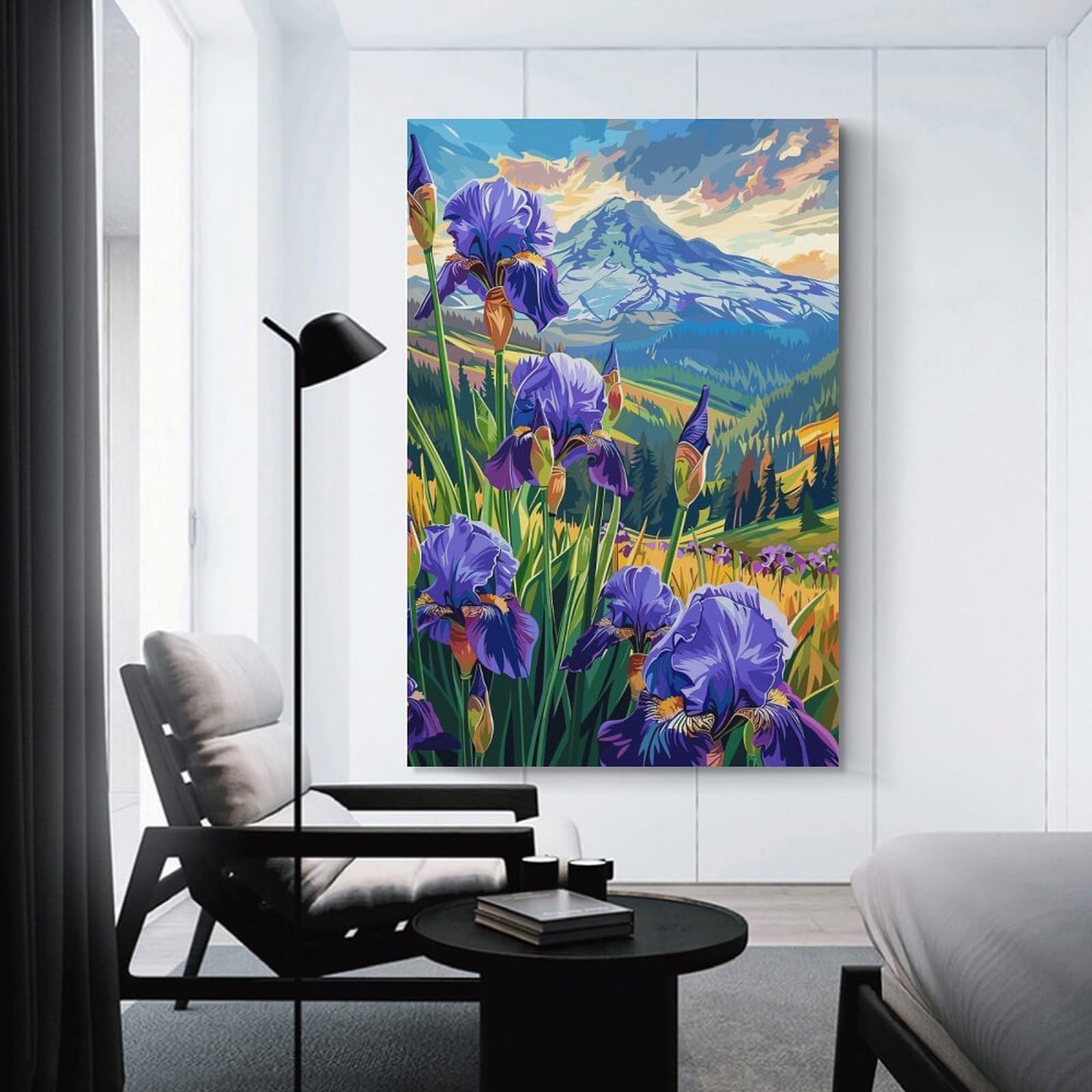 Junmoney Irises And Mountain Peak Wall Art Print, 24x36inch(60x90cm), for Front Hall, Corridor Or Welcome Spaces, Wall Decor to Refresh Empty Corners