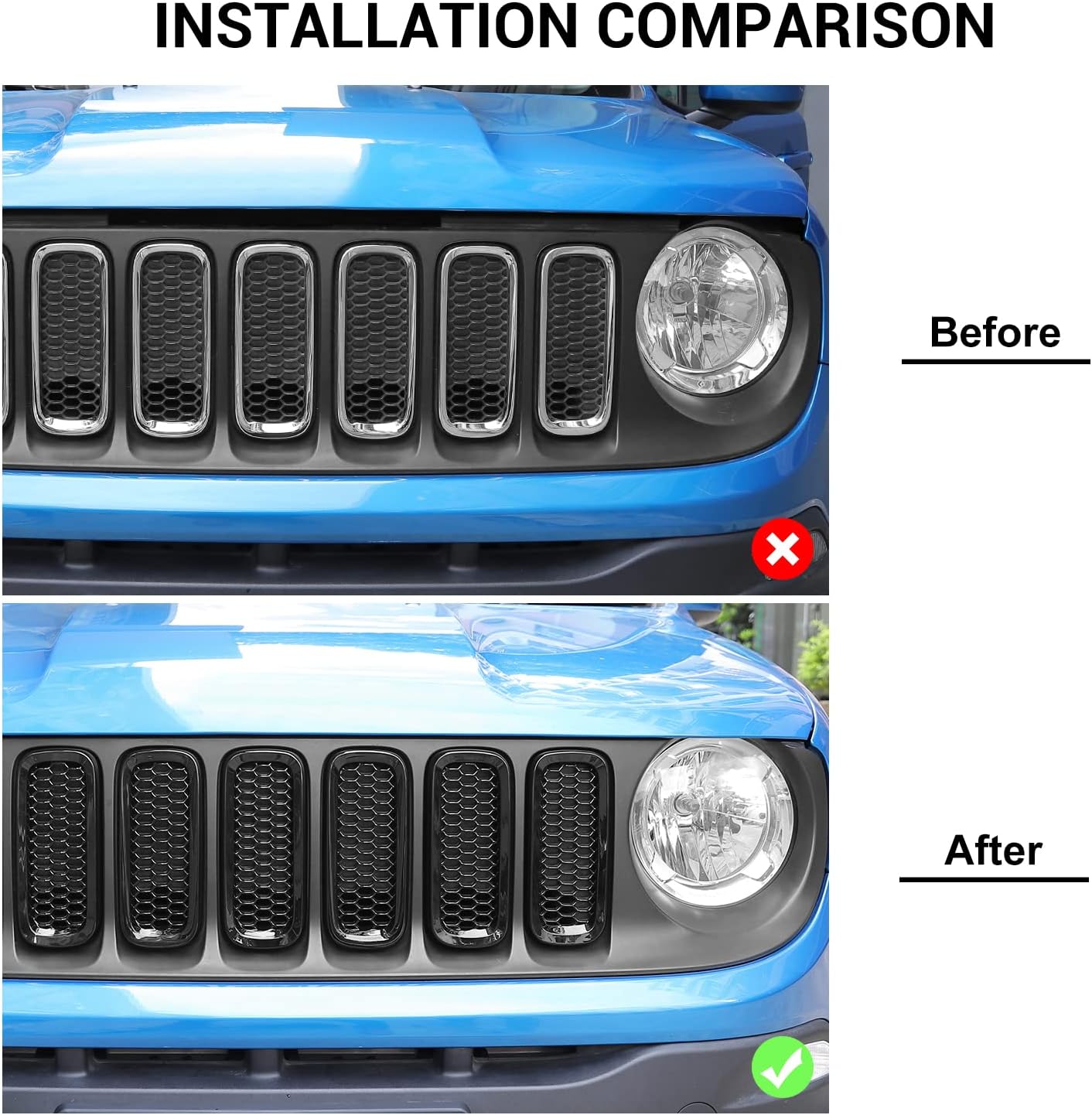 JeCar 7pcs Front Grill Inserts Compatible with Jeep Renegade 2016 2017 2018 - Black Grill Cover Trim Exterior Accessories