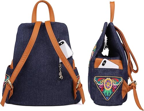 Miniatura 5 de Denim bordado floral lona mochilas para mujeres antirrobo retro jeans viaje estilo étnico bolso de hombro, MochilaBolso, Unitalla, Jean Azul Marino