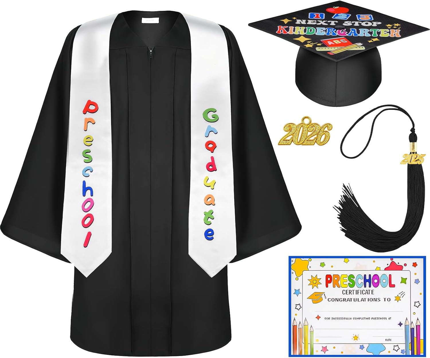 2026/2025 Preschool Kindergarten Graduation Cap & Grown Set with Tassel Graduation Stole Certificate for Kids Primary School Ceremony
