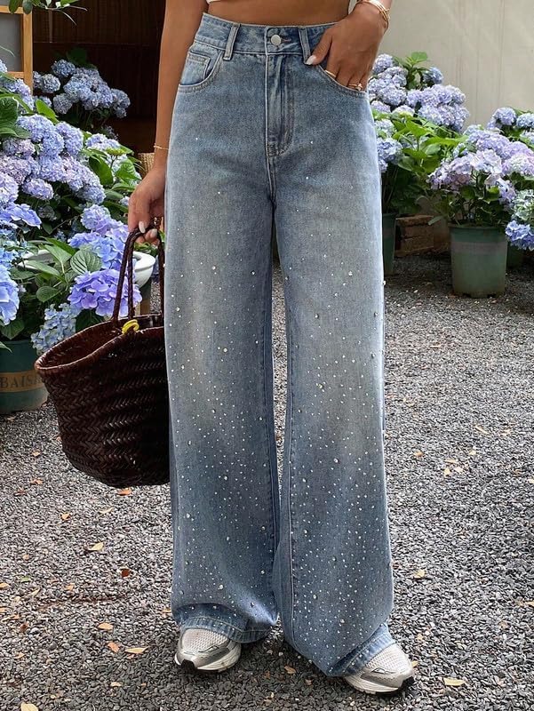 Women's High Waist Gradient Pearl Rhinestone Wide Leg Jeans Light...