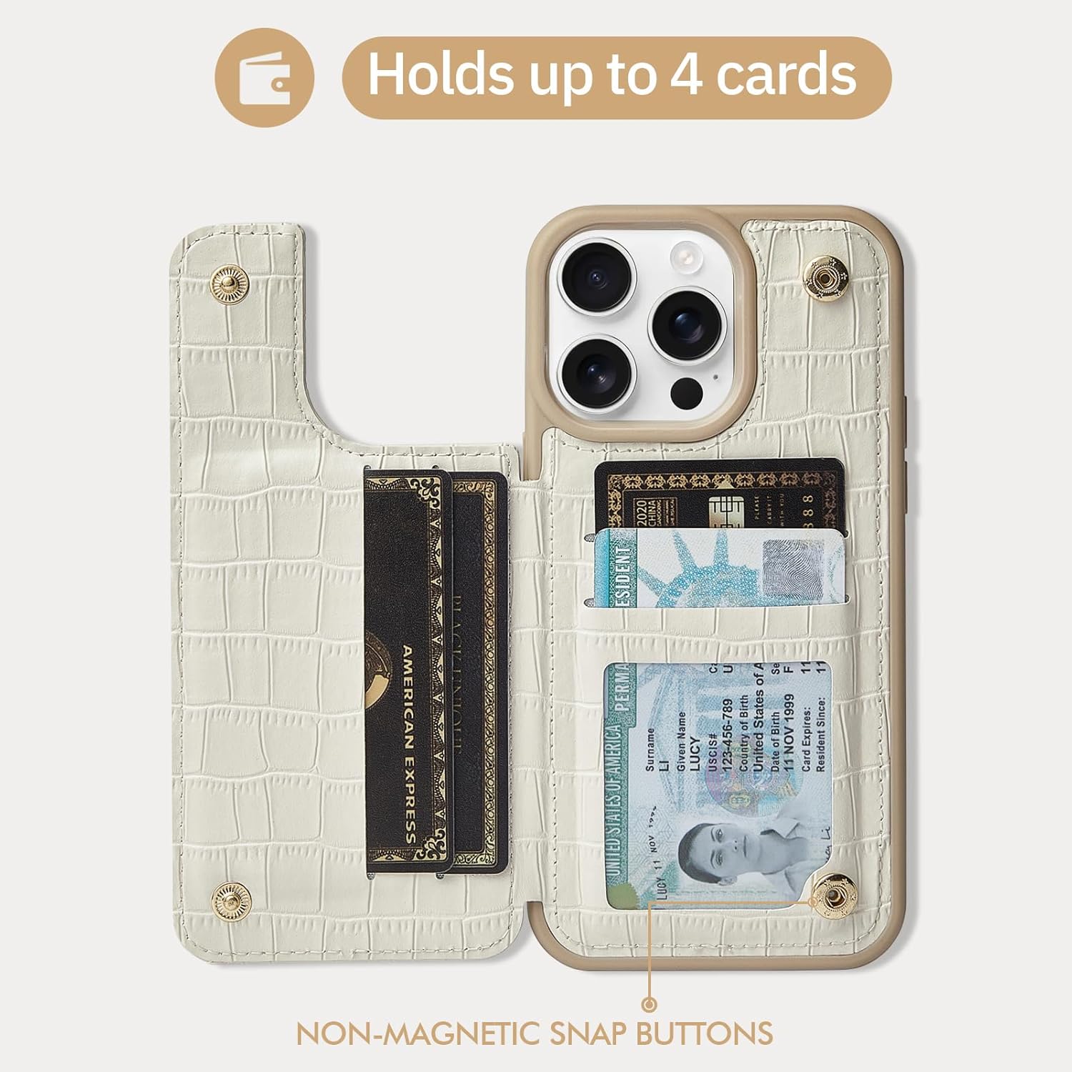 CUSTYPE for iPhone 16 Pro Wallet Case with Card Holder,180°Ring Holder Kickstand Card Slots Case for iPhone 16 Pro 6.3 inch-Beige - Image 4