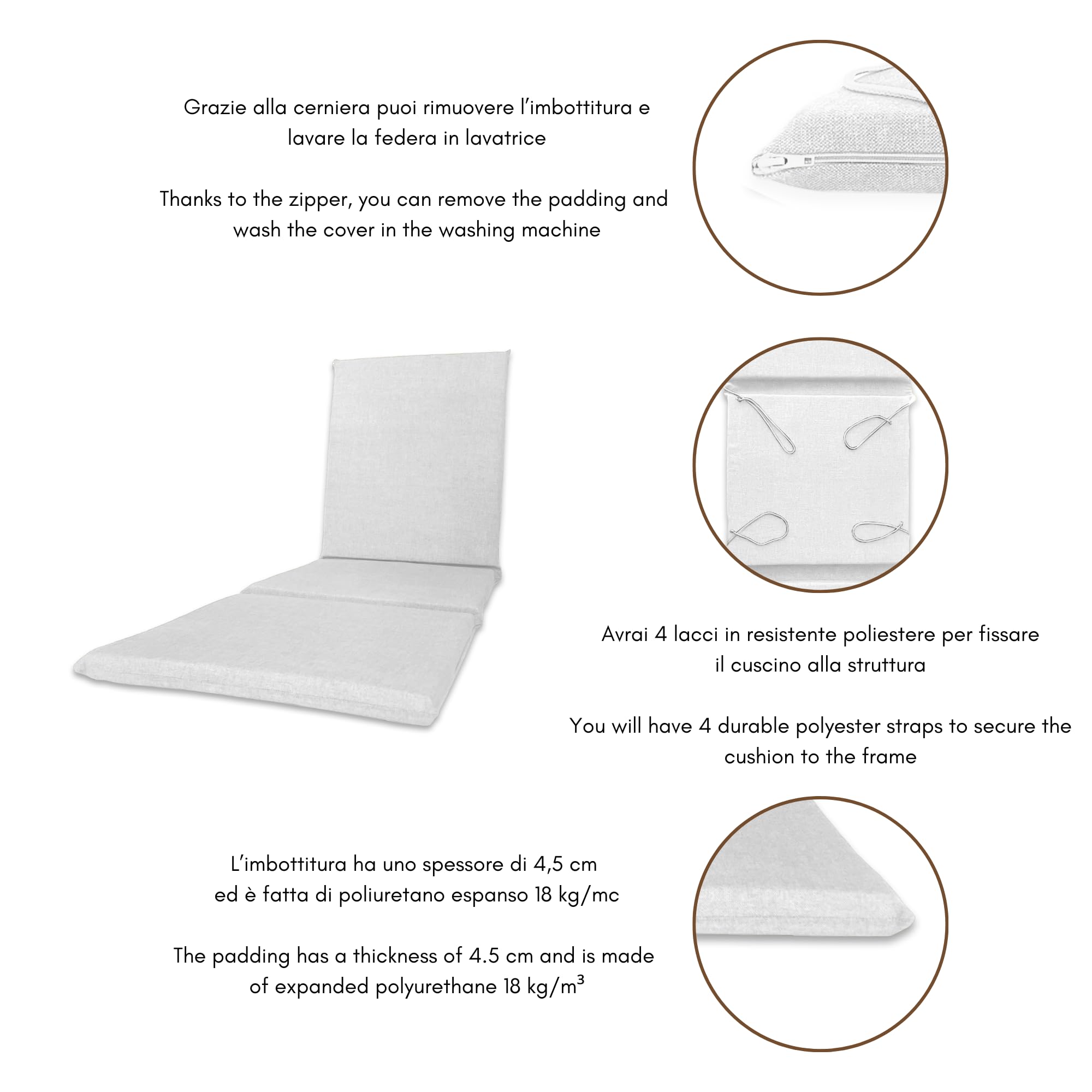 Il Tuo Artigiano Design Uscino - Colchón acolchado para tumbona, artesanal, totalmente desenfundable, fabricado en Italia, 190 x 60 cm, color blanco
