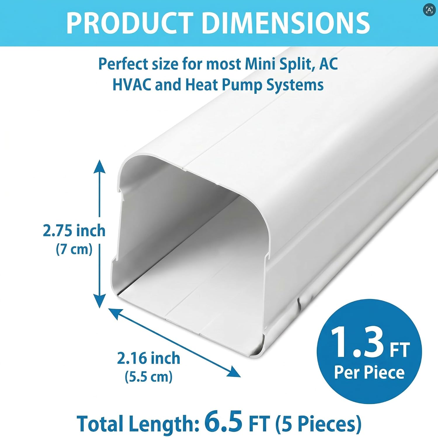 Mini Split Line Set Cover Kit, 3 Inch 6.5 ft Paintable PVC Ac Line Cover for Outside Unit, Decorative Lineset to Hide and Protect Refrigerant Lines, Wires, HVAC and Heat Pumps
