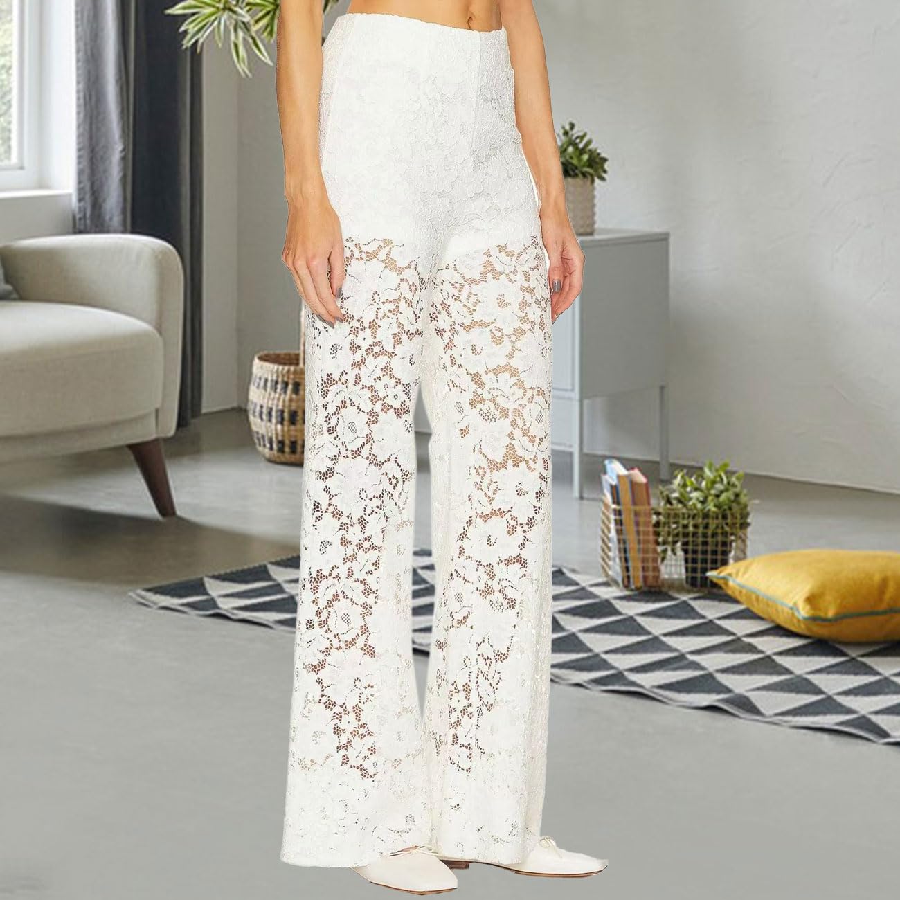 Donna Y2K Pantaloni Trasparenti Ricamati con Vita Alta e Gamba Dritta Elastico in Vita Pantaloni Mesh Street Rave per Discoteca, Clubbing, Festa, Bianco, L