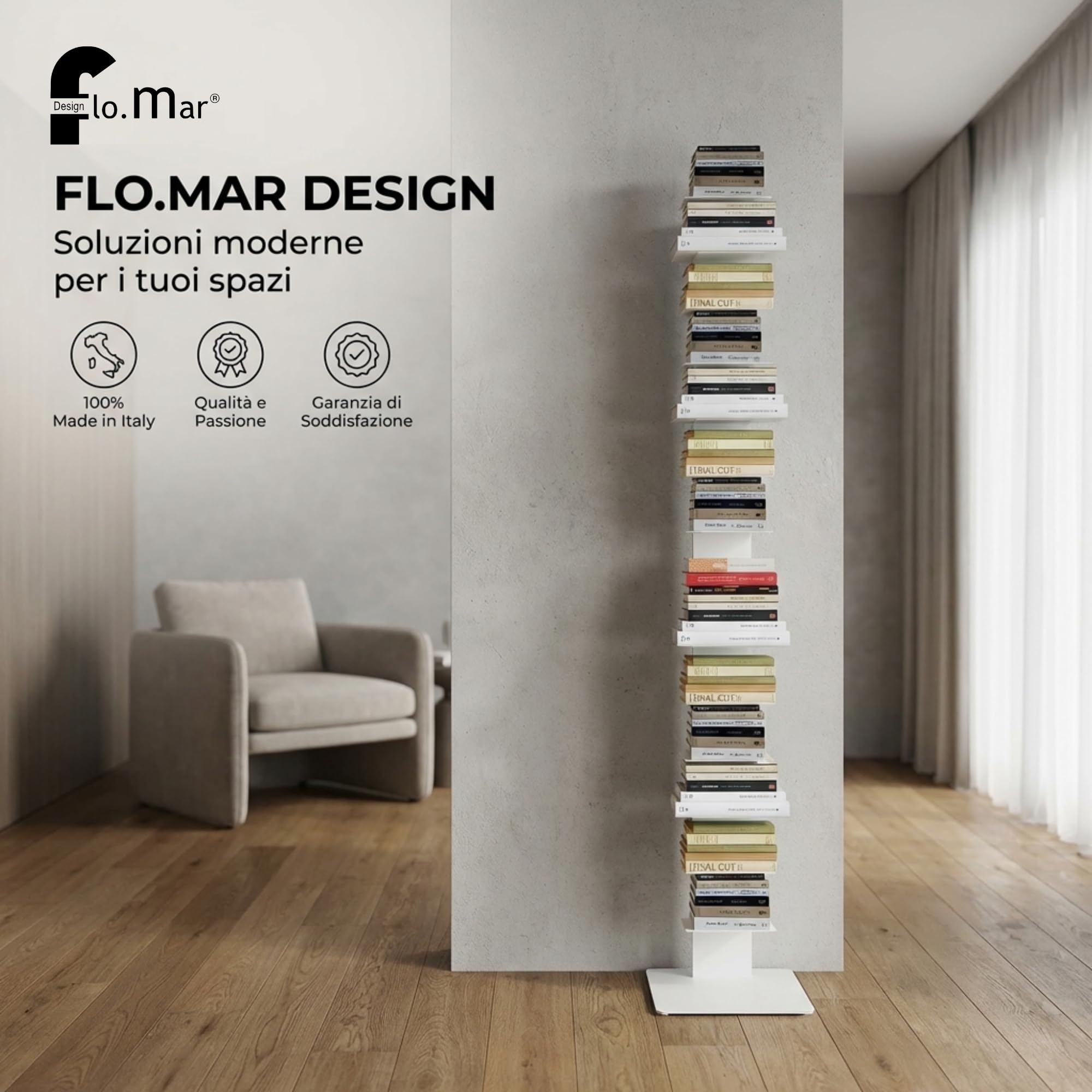 Flo.mar - Libreria a Colonna Bianca con 14 Ripiani 20x15cm - Libreria Verticale a Colonna da Terra con Base in Metallo 35x35 cm - Stretta e Alta 214 cm