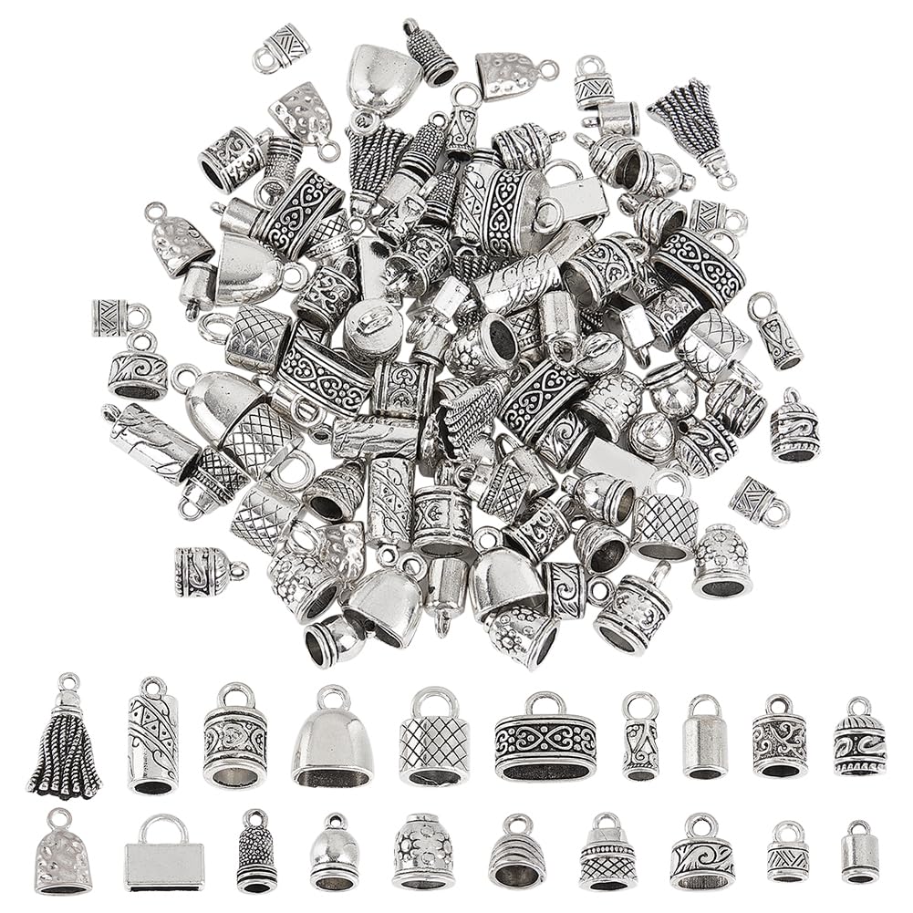 PH PandaHall 120pcs Cord End Caps 20 Styles Bead End Caps Tibetan Sliver Leather Cap Alloy Tube Barrel End Tip Crimp Covers Rope End Caps Craft for Necklaces Bracelet Jewelry Making