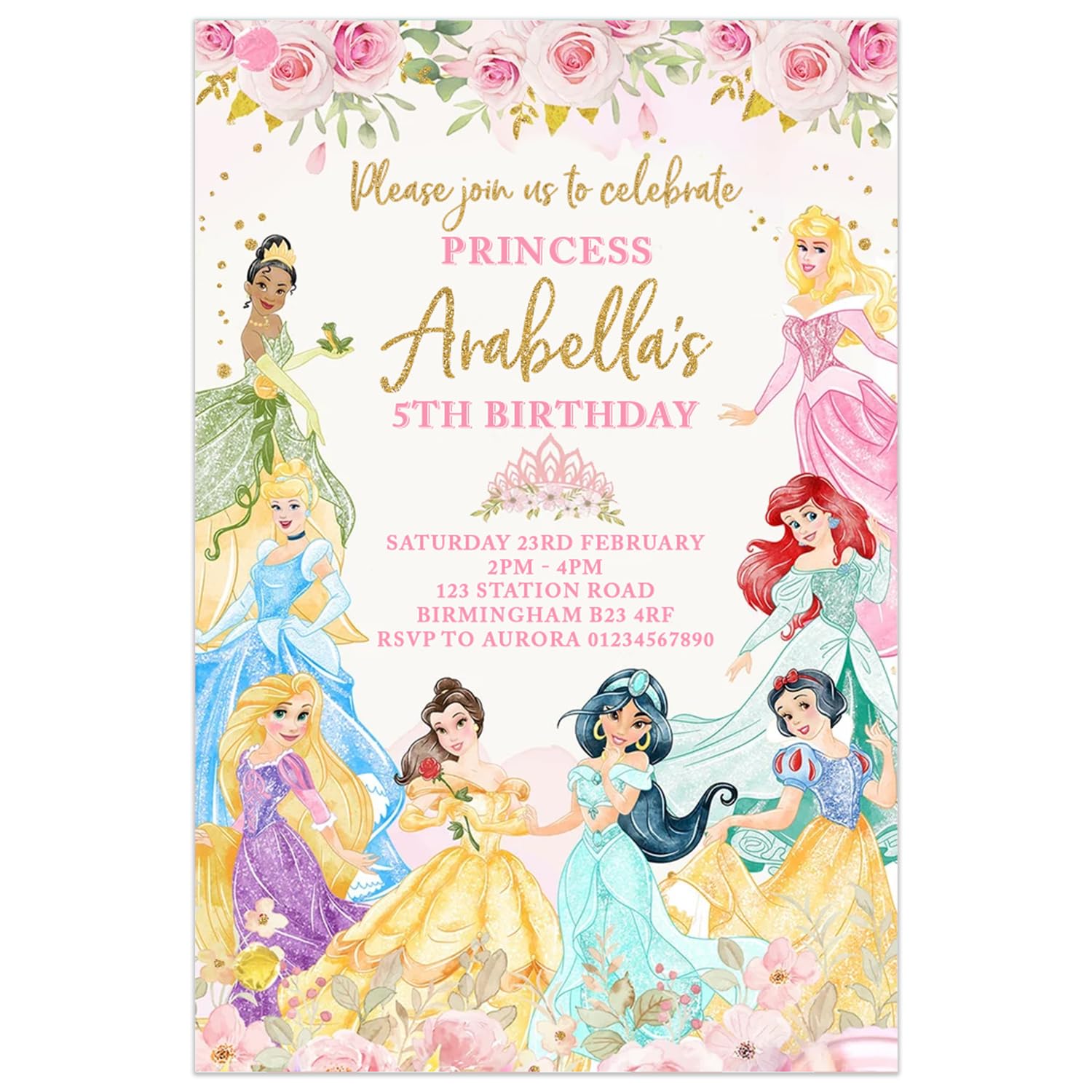 Personalised Princess Birthday Party Invitations, Cinderella, Belle, Snow White, Aurora, Rapunzel, Invites, Any Age | PACK OF 10 WITH ENVELOPES