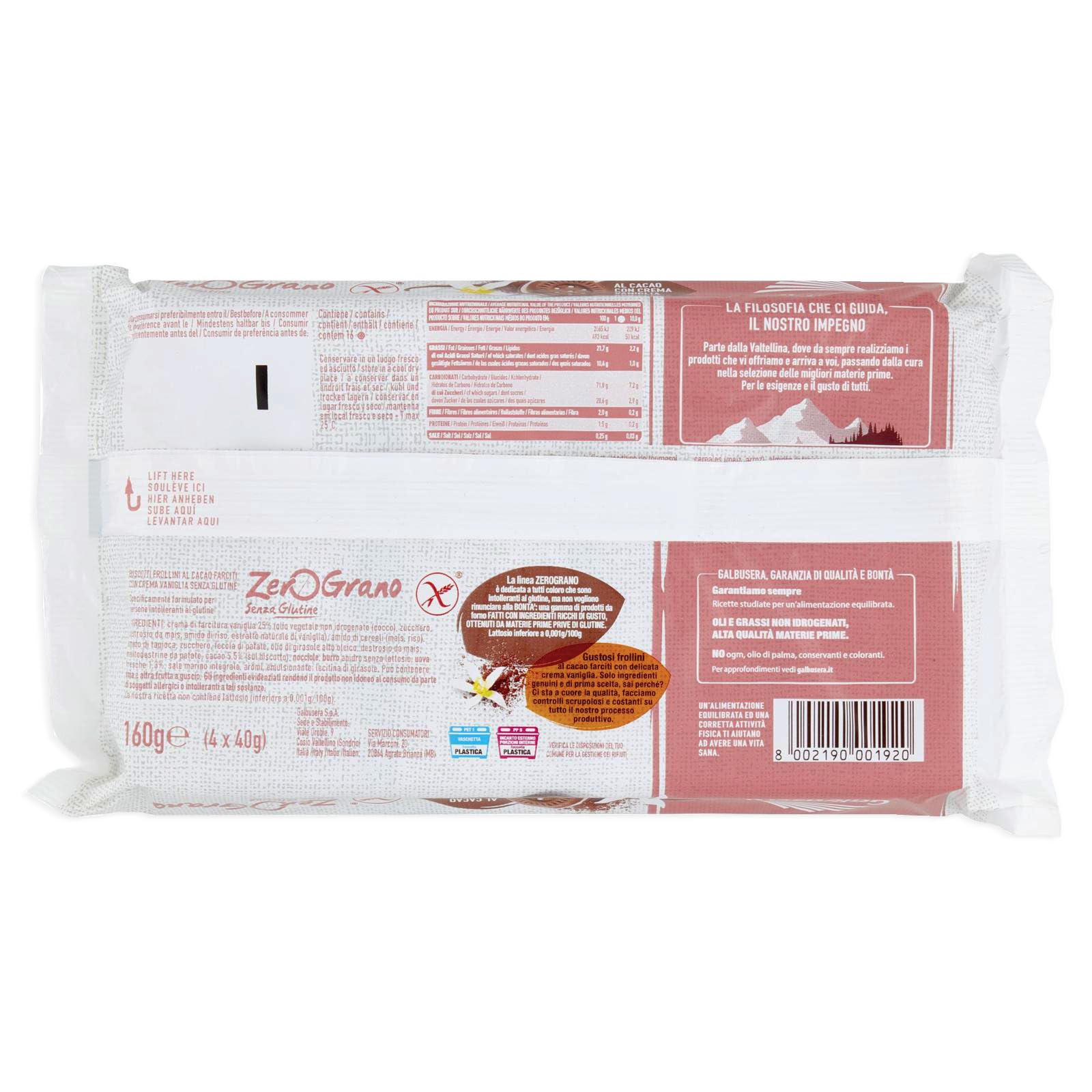 Galbusera ZeroGrano Frollini al Cacao Farciti con Crema Vaniglia Senza Glutine (Gluten Free) 160g [CAIYA® BOX da 8 Confezioni]