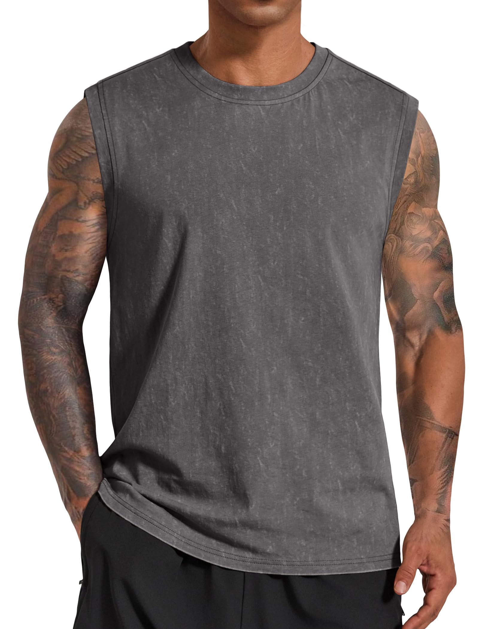 Men's Sleeveless Shirts Cotton Workout Tank Tops Casual Muscle Washed T Shirt Summer Beach Tee Loose Fit