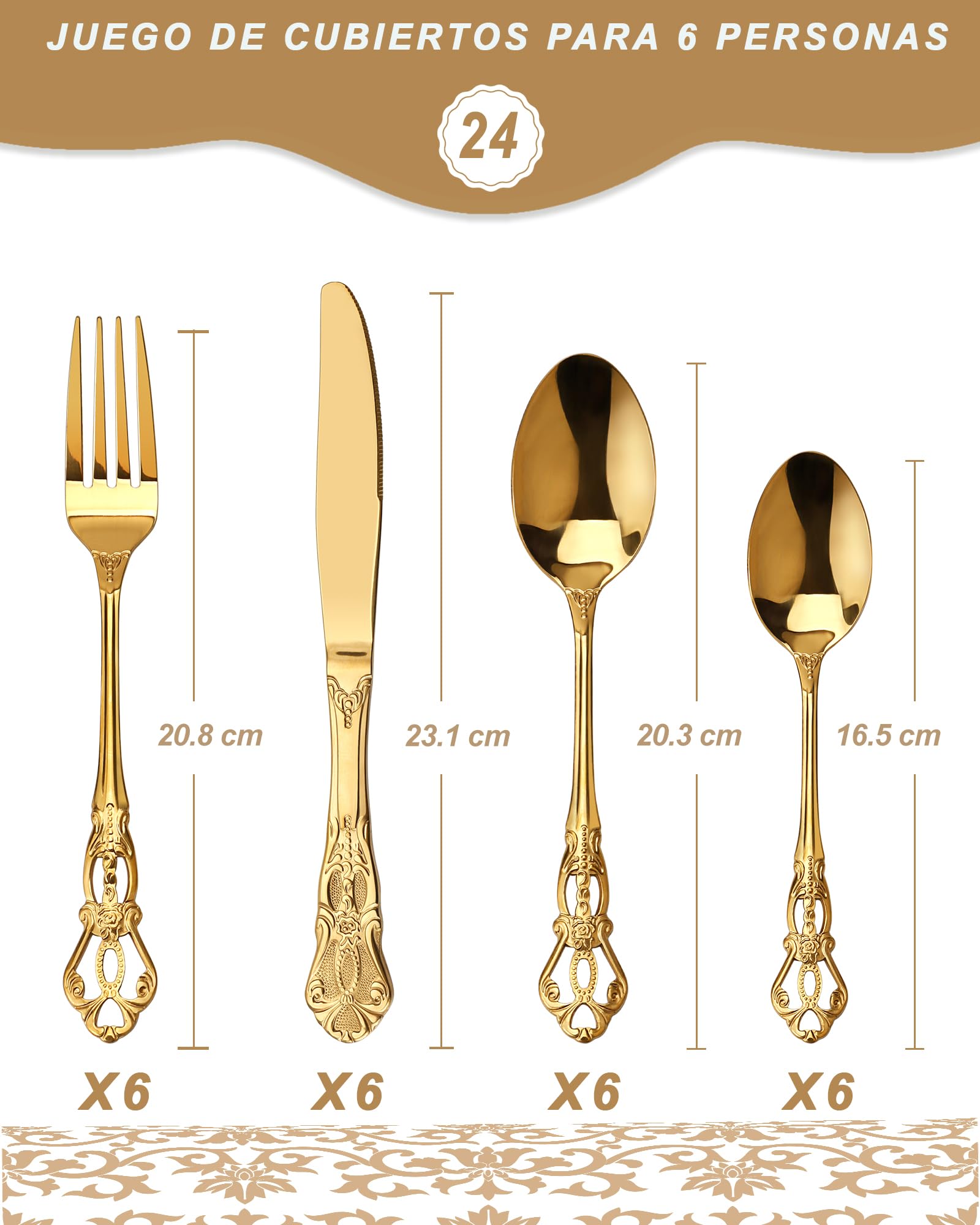 Juego de Cubiertos de Oro Retro para 6, Hermoso Set Dorado de Acero Inoxidable 24 Piezas, Servicio para 6, Tenedor Cuchara Cuchillo, Estilo Barroco Antiguo