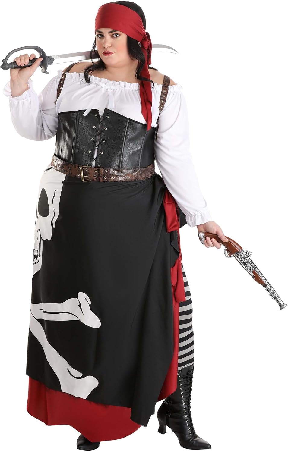 Women's Plus Size Pirate Halloween Costume | Complete Adult Pirate Outfit w/Blouse, Corset, Skirt, Leggings, & Accessories - Image 2