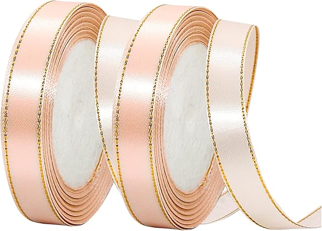 Ribbon, Syhonic 2pcs Satin Ribbons for Crafts Silk Ribbon with Gold Trim for Gift Wrapping, Braiding, Birthday, Wedding, Christmas, Valentine's Day Mother's Day Gift Scrapbooking Decoration