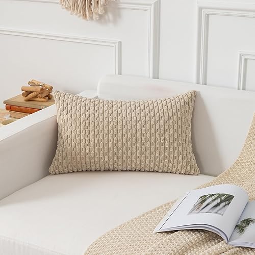 Vista 398 de Kevin Textile - Juego de 2 fundas decorativas para cojines, de pana y con moderno estilo campestre bohemio a rayas para decorar hogar, sofá, cama