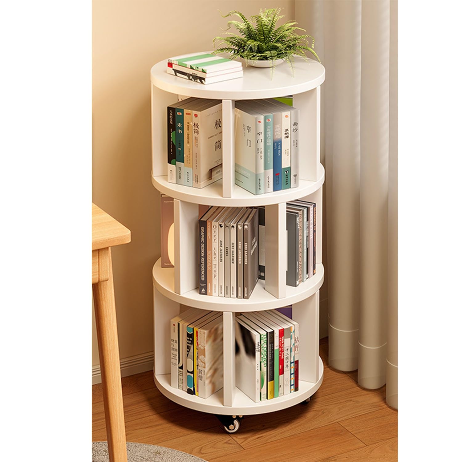 Rotating Bookshelf Tower 2/3/4/5/6 Tier Wood Rotating Bookshelf Wooden Book Shelf Standing Storage Rack, Narrow Tall Bookshelves Ideal For Small Spaces Living Corners(White,3 Tier)