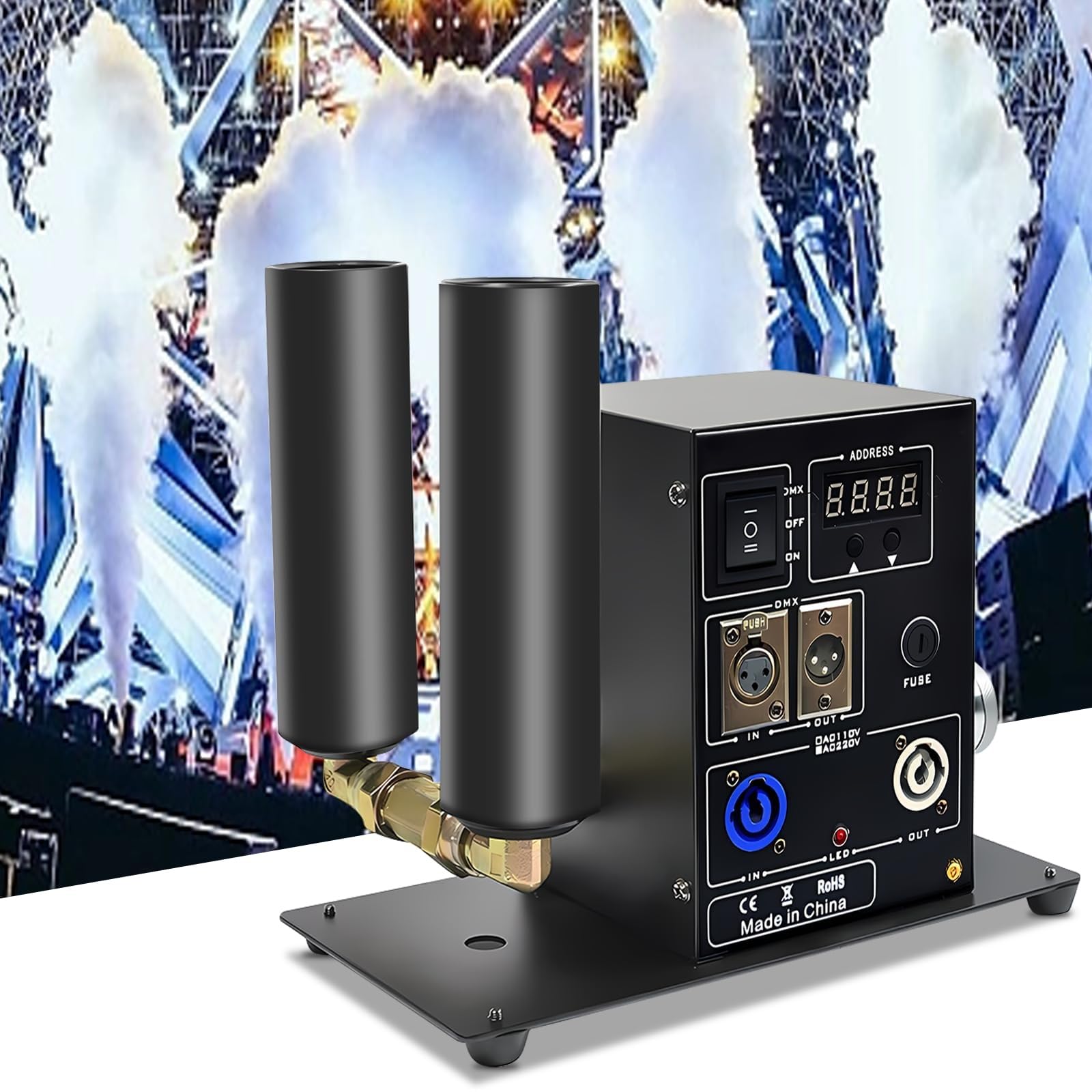 150W Doppelrohr CO2 Jet Maschine,Digitale CO2 Nebelmaschine mit DMX 512 Steuerung,Nebelmaschine mit 6-m-Schlauch,Einstellbarem Winkel und 5–6 m Strahlhöhe für Clubs,Konzerte,DJ-Events und Partys