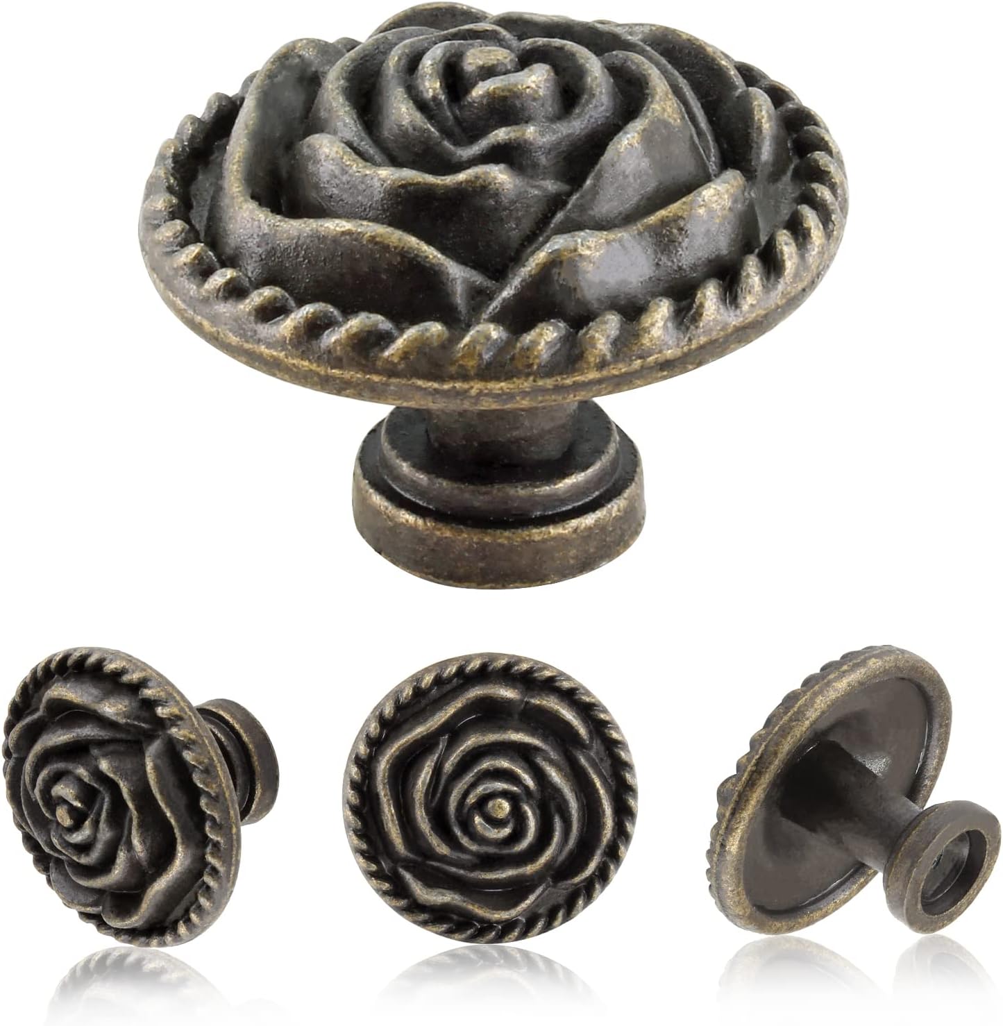 Antique Cabinet Knobs - Metal Flower Bronze Vintage Dresser Knobs - Single Hole Pull Handle for Furniture Cupboard Closet Wardrobe - Pack of 10