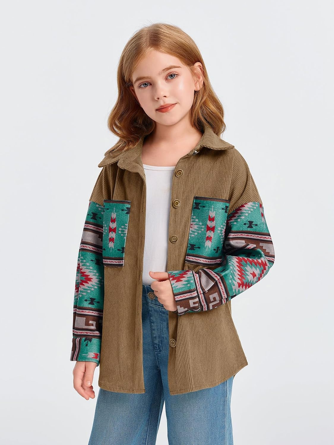 Imily Bela Girls Aztec Print Corduroy Jacket Fall Button Down Long Sleeve Shirt Overszied Shacket - Image 3