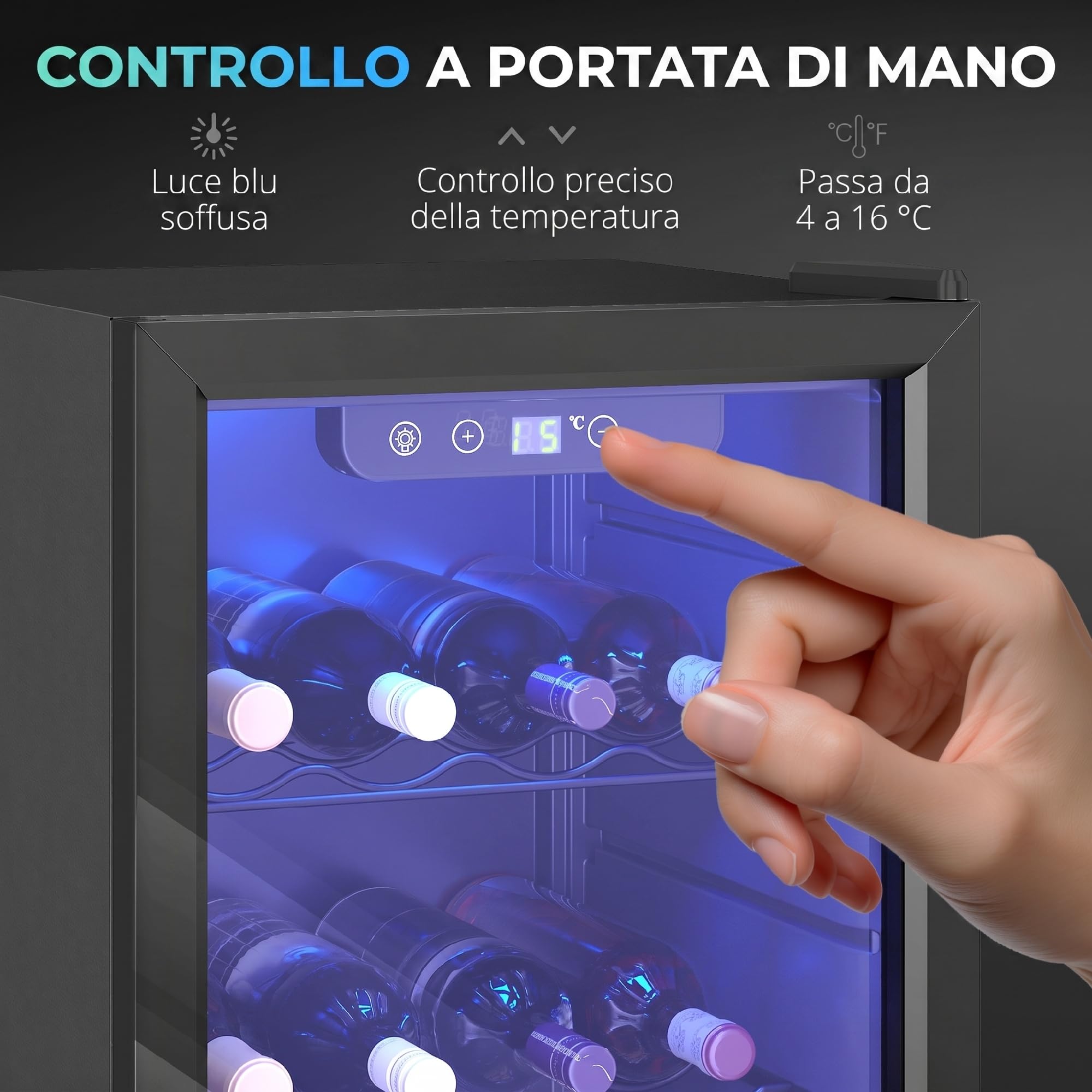 HOMCOM Cantinetta Vino Refrigerata 24 Bottiglie 68L Cantina Vino Silenziosa Temperatura Regolabile 4-16℃ Frigo Vino Bar con Vetro Anti UV, Ripiani, Compressore, Display Touch, Luci LED, Classe F, Nera