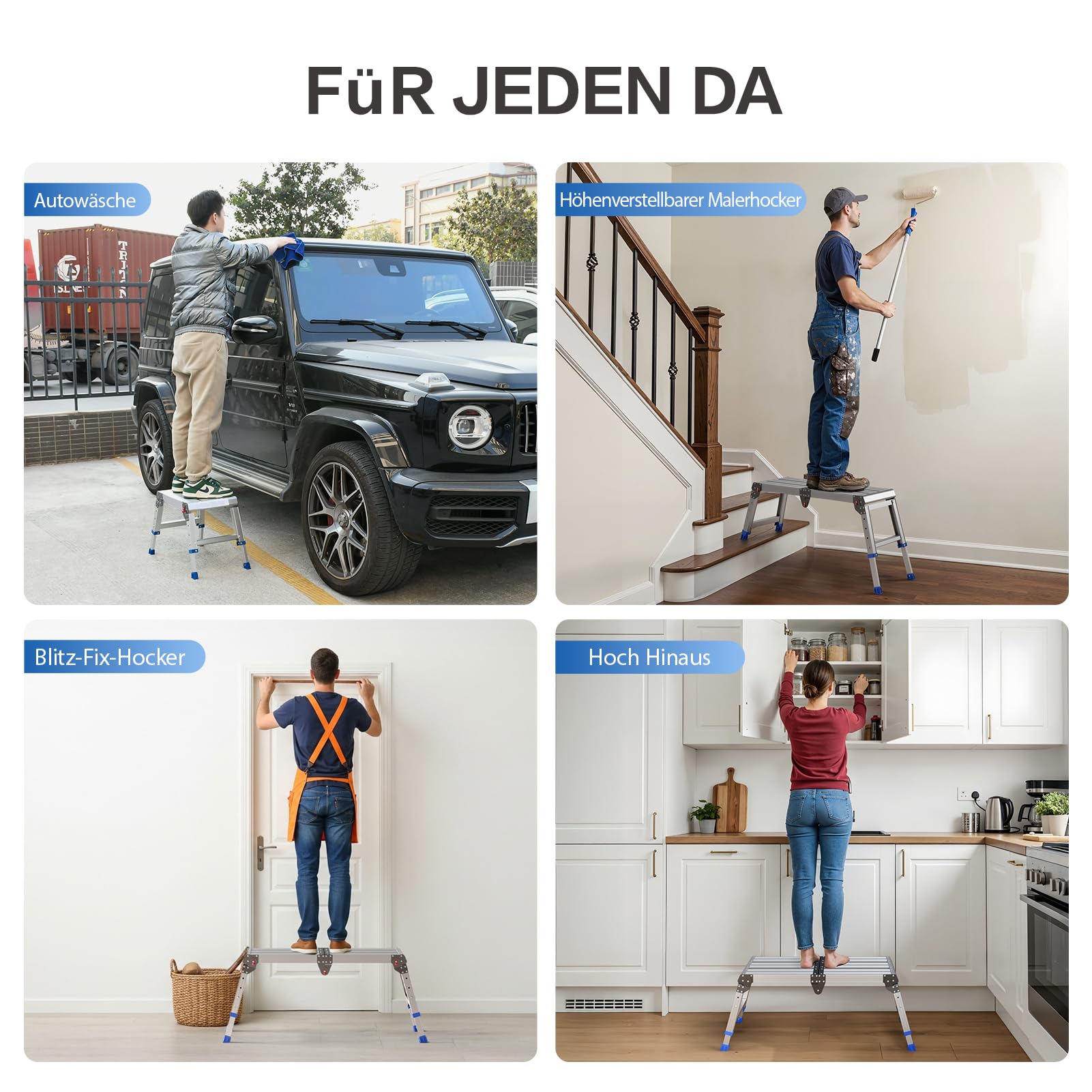Plataforma de trabajo plegable para adultos, taburete de aluminio plegable, altura ajustable, escalera de aluminio portátil ligera y resistente, capacidad de carga máxima de 500 libras.