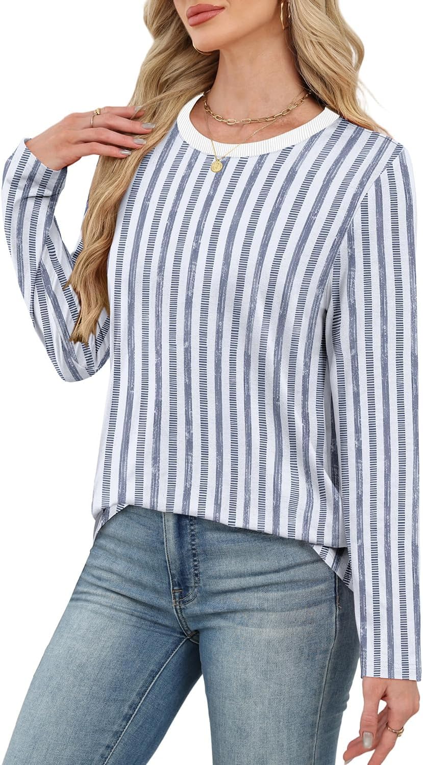 WIHOLL Womens Striped Long Sleeve Shirts Spring Outfits 2026 Color Block Tops Fashion Clothing Ribbed Crewneck Tee Blouses