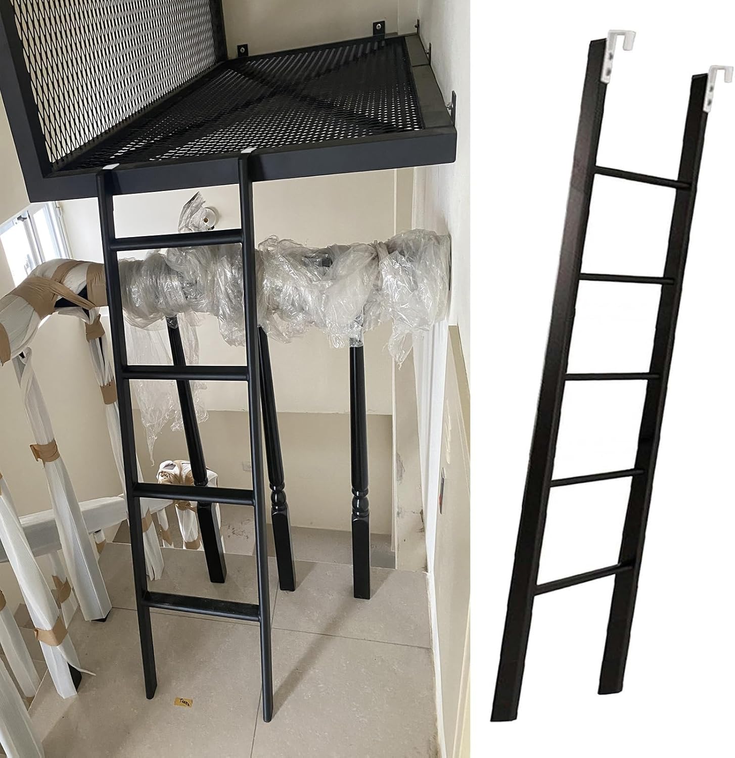 Black Metal Bunk Bed Ladder with Hooks - Space-Saving 55" RV & Dorm Climb Step Ladder for Lofts, Safety Design for Easy Access to Bunk Beds & Campers
