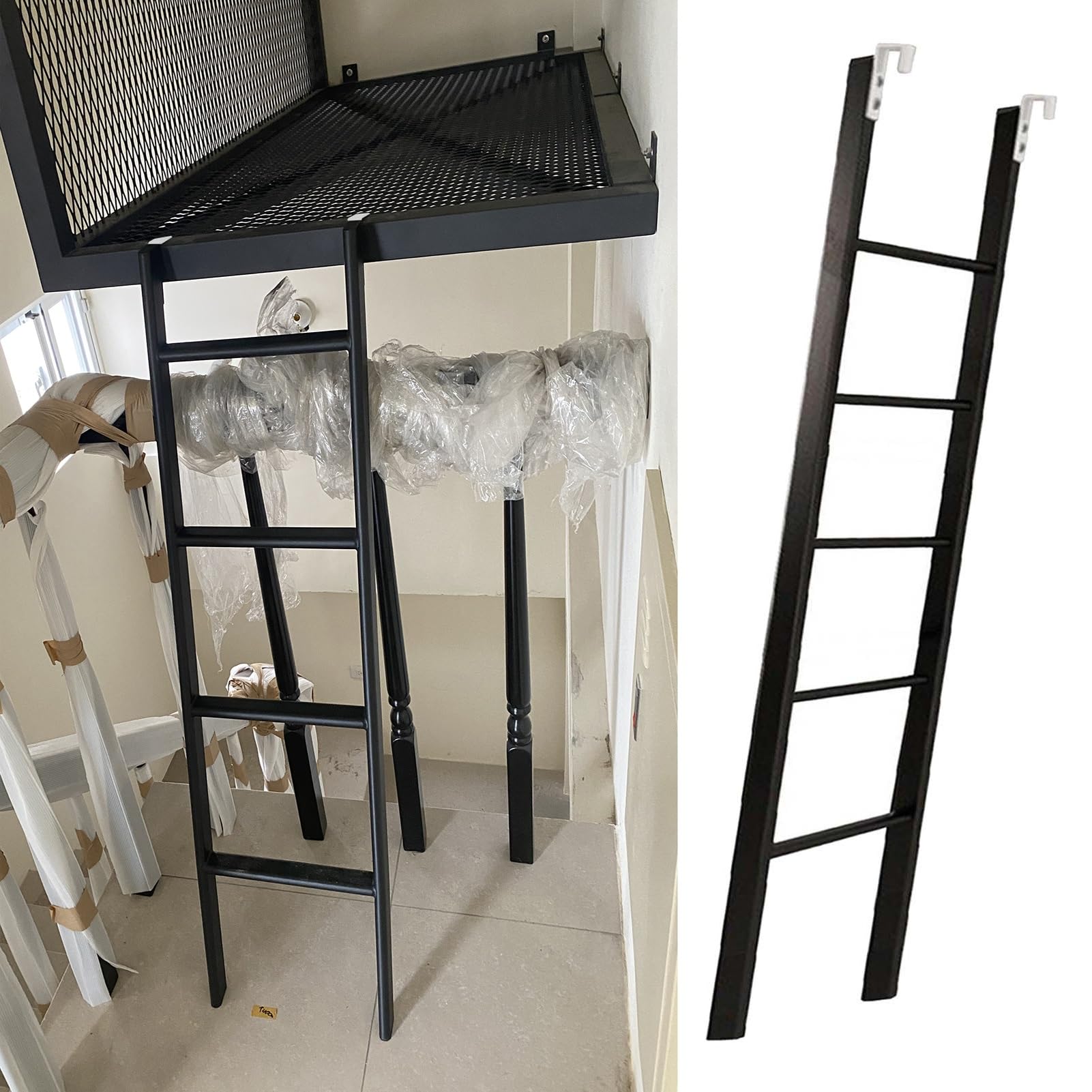 Cmyun One Color Metal Short Ladder/Bunk Bed Ladder With Hooks, Black Camper Rv Bunk Ladders For Dorm Home, Space Saving Safety Step Climb Ladder For Loft(150Cm/59)