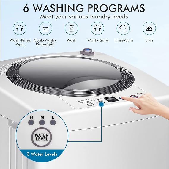 COSTWAY Portable Washing Machine, 8Lbs Capacity Full-automatic Washer with 6 Wash Programs, LED Display, 3 Water Levels, Compact Laundry Washer and Dryer Combo for Home, Apartment, Dorm, RVs