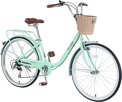 26 Inch 7-Speed Step-Through City Bike with Basket & Rear Rack