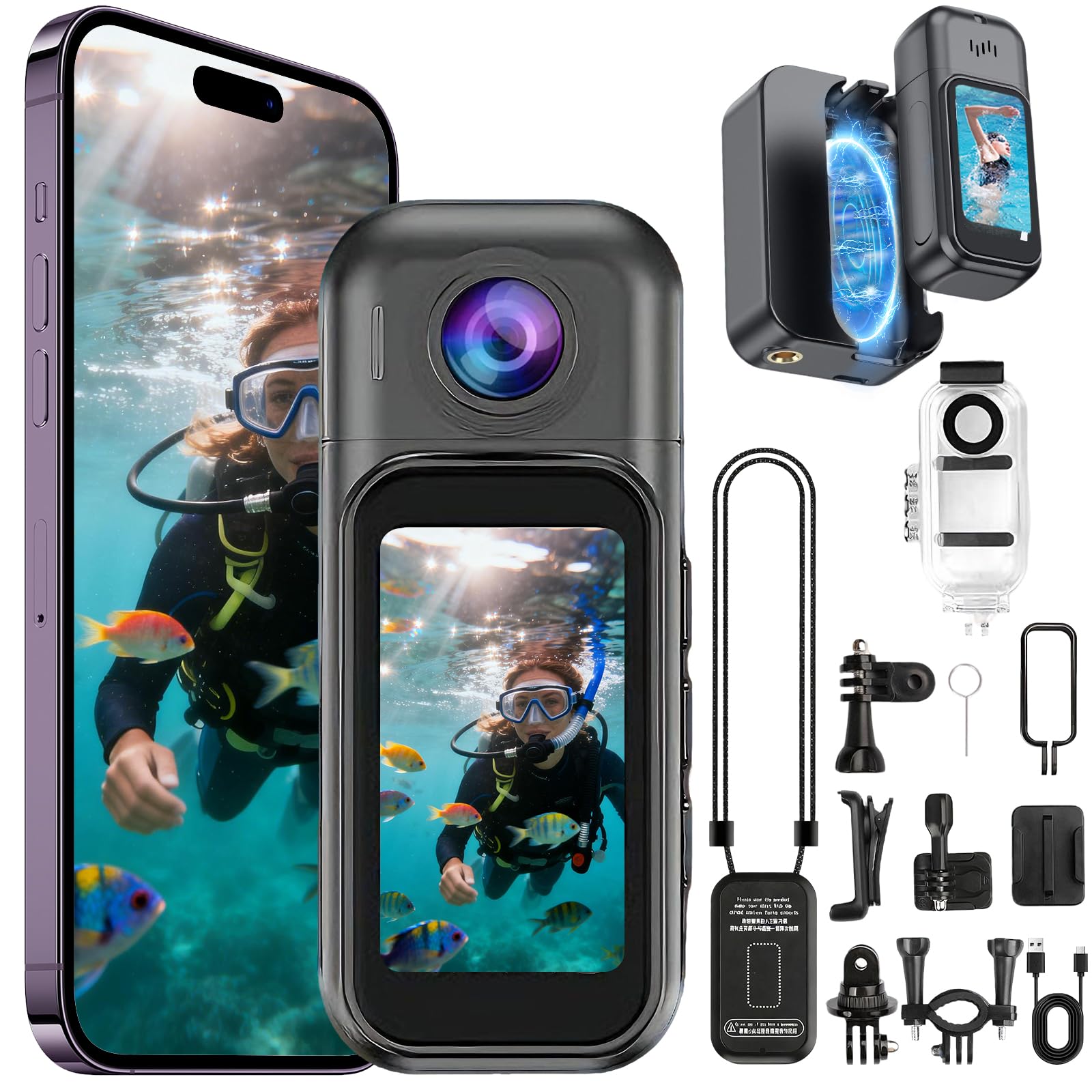 Cámara de Acción 256 G, Pantalla Táctil, Objetivo Giratorio de 180° | Actioncam de 2400 Mah, Resistente al Agua hasta 30 M, Gran Angular de 120°para Ciclismo, Motociclismo, Povs, Vlogs