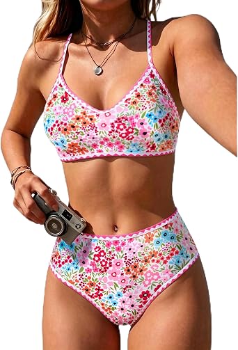 XUNYU Women High Waisted Bikini Sets Tummy Control Swimsuits Cute Floral