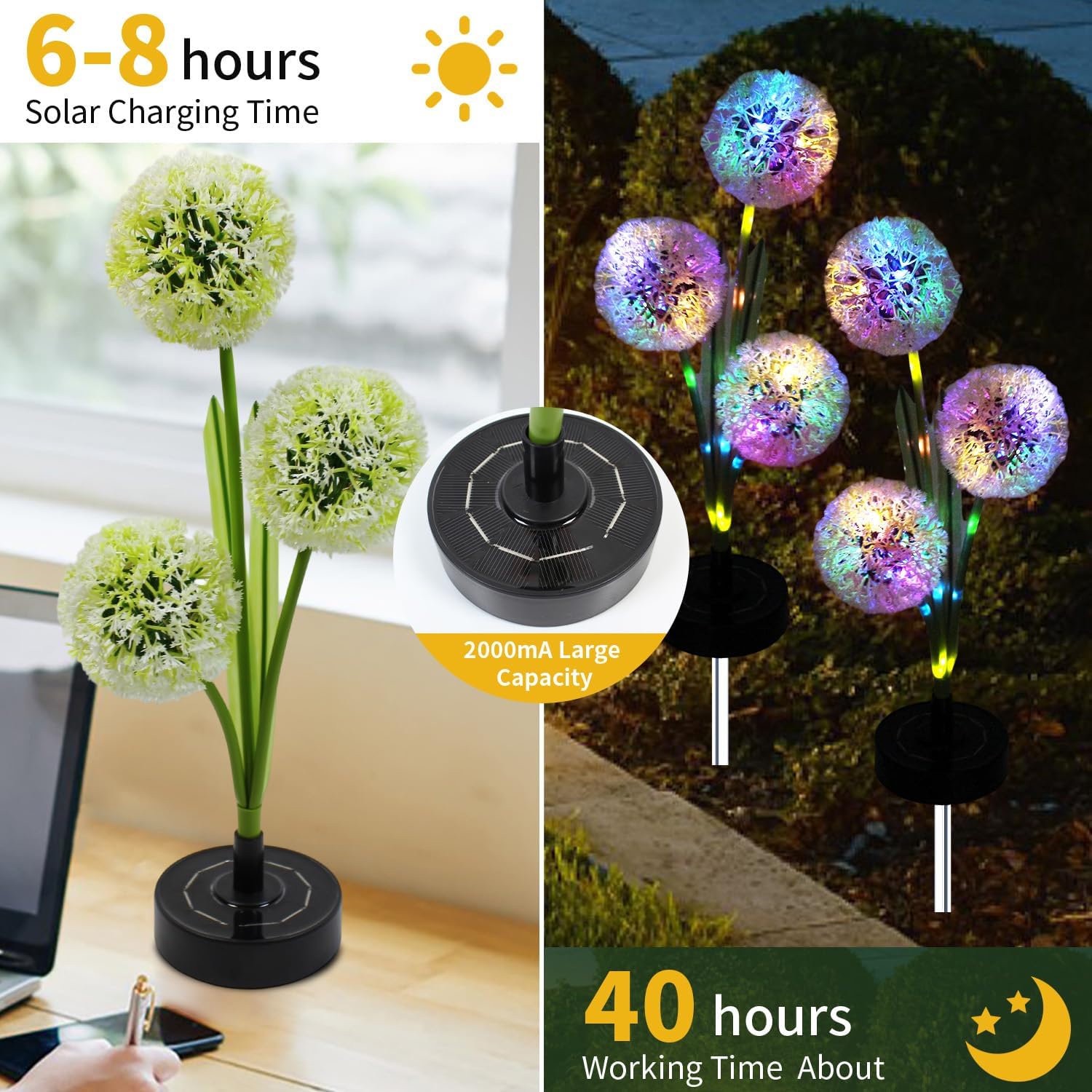 Solar Garden Lights Outdoor - Solar Flowers Lights Outdoor Decorative Waterproof Upgraded, 40 Hours Dandelion Light Yard Pathway Solar Powered Lamp, Cemetery Decorations, Backyard Decor, 4pcs