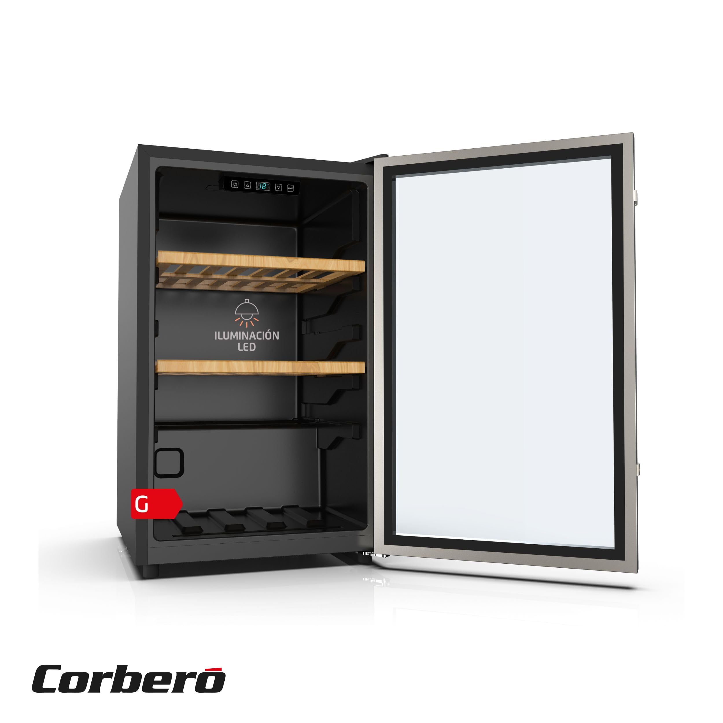 Corberó - Vinoteca CFKWC61SW | 126L | 61 Botellas | Puerta Cristal | Display LED | 2 Estantes Madera | Rango Temperatura 5-20ºC | Nevera para vinos | Negro