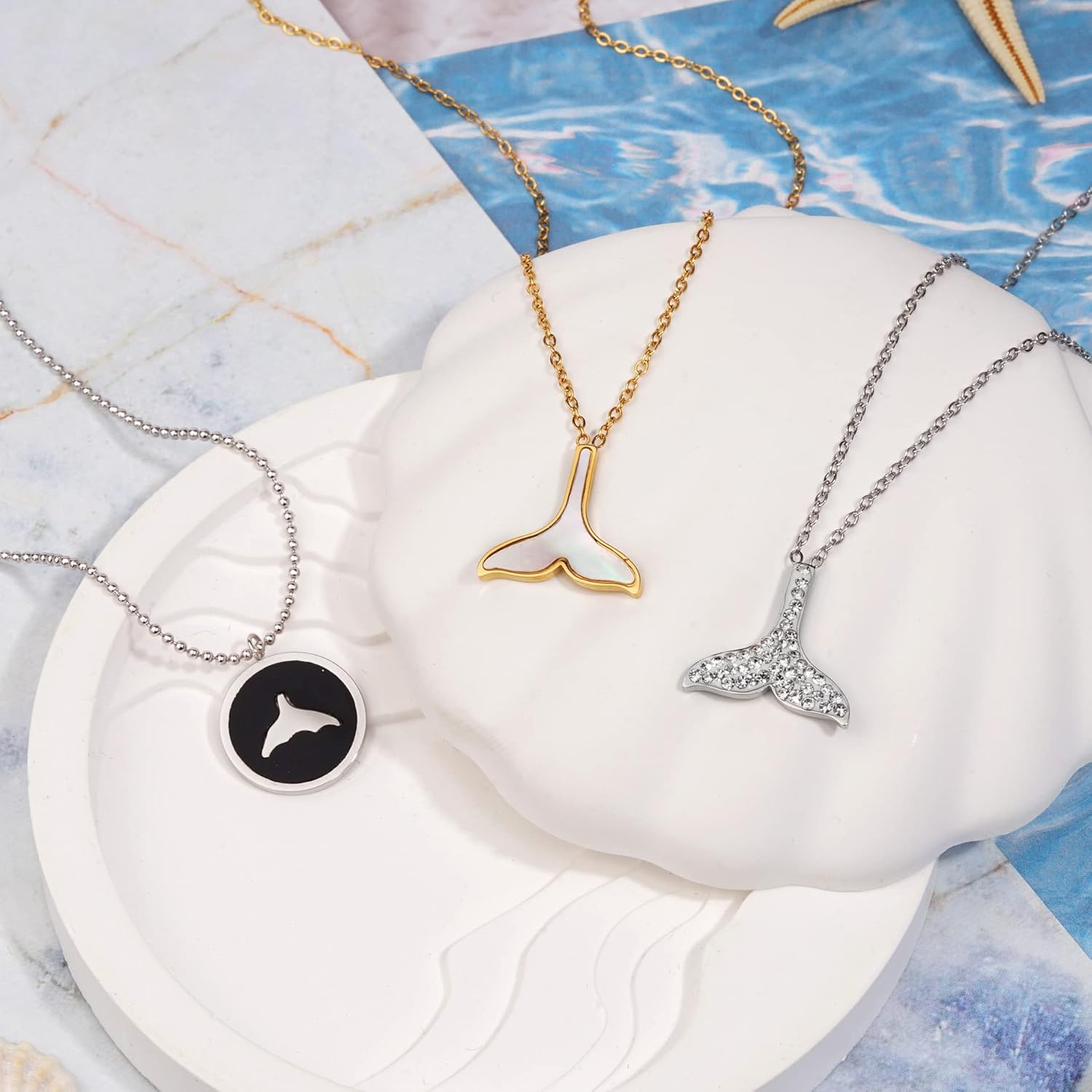 Miniatura 6 de Lauren-Spencer Collar de cola de ballena para mujer, chapado en oro y plata, delicado collar con colgante de cola de ballena con nácar lindo collar