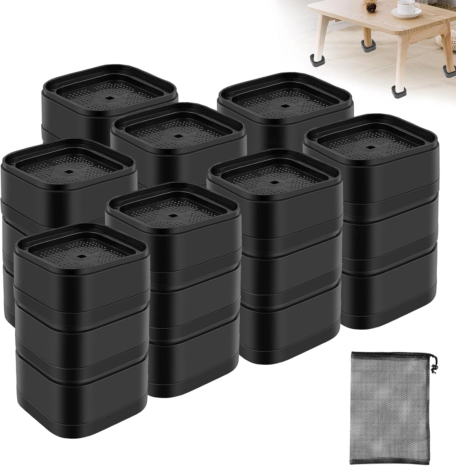 Tefola Furniture Risers Adjustable Bed Risers Stackable Heavy Duty Lifts Square Bed Raising Blocks Desk Leg Risers for Sofa Couch Chair Table Mattress Black with Storage Bag (24, Black)