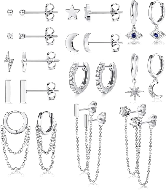 MILACOLATO 12 Pairs Dangle Hoop Earring Small Huggies Hoop Earrings for Women Moon Star CZ Tiny Stud Earring Evil Eye Bar Chain Hoop Earring Set for Women