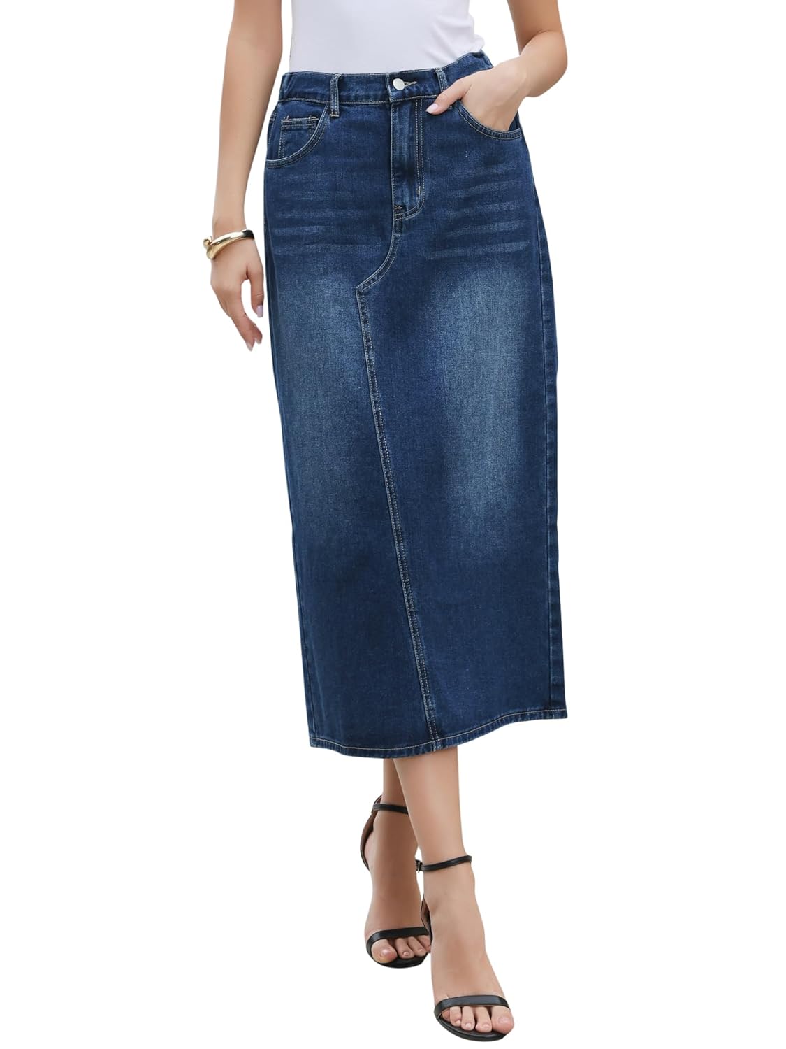 Allegra K Denim Skirt for Women Midi Length Elastic Waist Split Back Long Jean Skirts