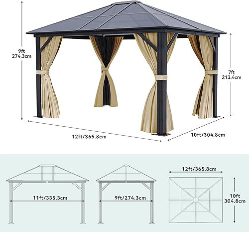 Miniatura 2 de YITAHOME Cenador de techo rígido para exteriores con red y cortinas sombreadas, marco de aluminio, carpa de jardín de policarbonato para patio,